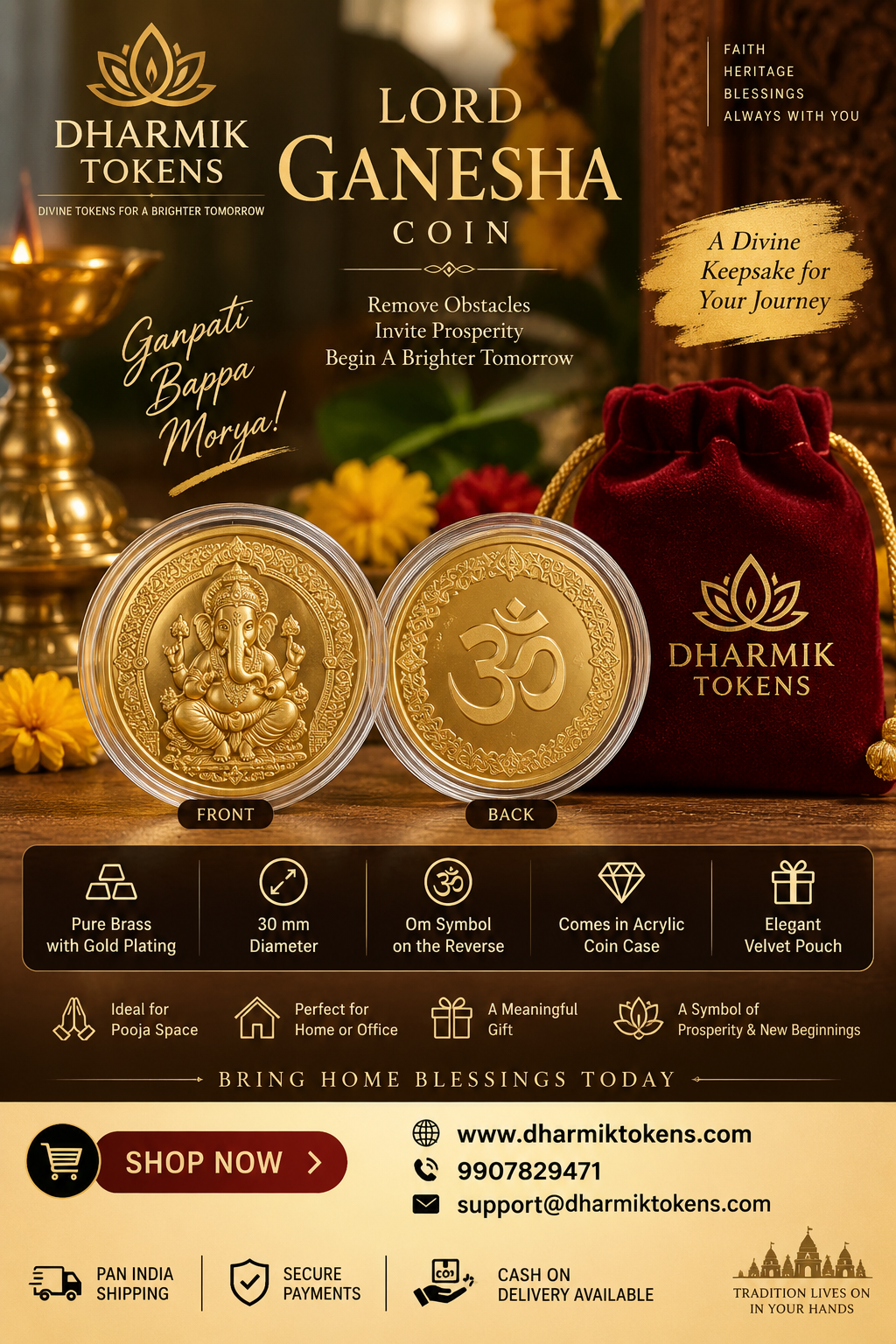 Lord Ganesha Brass Coin with Om