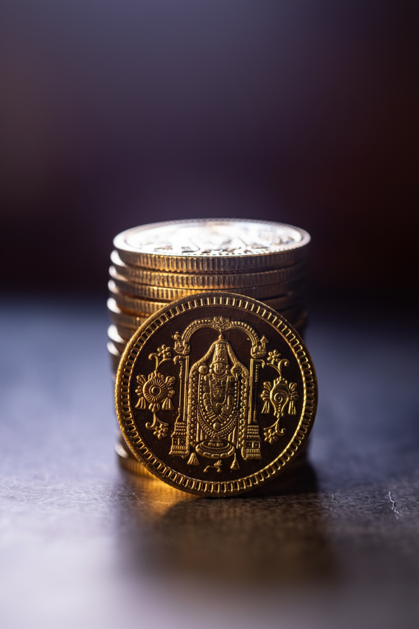 Portrait product photo of a gold-plated Tirupathi Lord Balaji temple coin with stacked coins